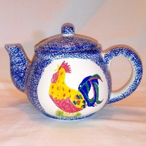 Young's 1996 Blue and White Spongeware Teapot with Rooster